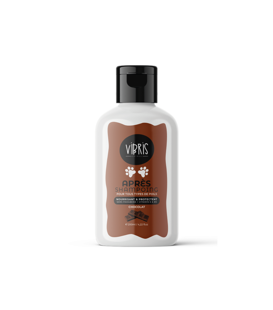 Après-shampoing au chocolat 200 ml, pour animaux, soin naturel et démêlant pour un pelage brillant et soyeux.